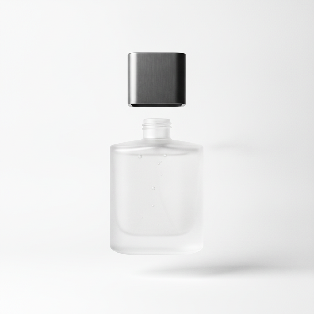Frosted glass fragrance bottle with heavy magnetic graphite cap